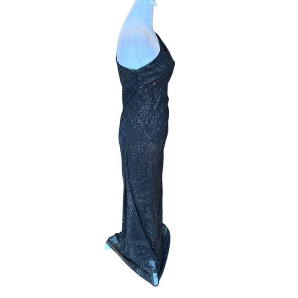 R&M Richards Vintage Maxi Dress One Shoulder Draped Black Silver Sparkle Size 4P - Picture 3 of 16